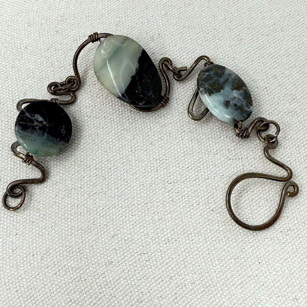 Stone Wire Wrapped Link Bracelet Natural Stone Silver Tone Boho‎ Artsy Hand Made